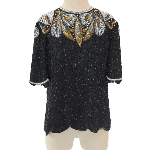 Haut Vintage Laurence Kazar – Soie Noire à Paillettes – Taille S